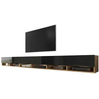 Selsey Wander - TV-Board/Fernsehschrank für Wohnzimmer hängend/stehend, optional mit LED, 300 (3 x 100) cm breit (Holzoptik Wotan Eiche/Schwarz Hochglanz, mit LED)