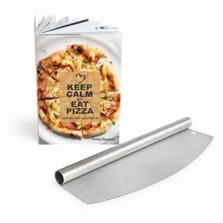 Pizzaschneider Keep Calm and Eat Pizza mit hochwertigem Rezeptheft, Pizza Schneider aus Edelstahl, Pizzamesser, scharfe Edelstahlklinge 35cm, Pizza Wiegemesser, mix dich glücklich