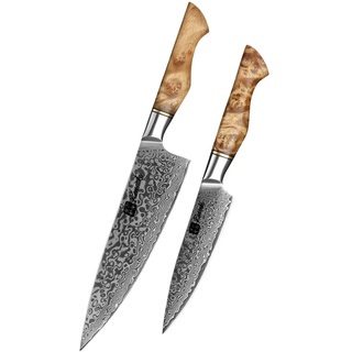 Kensaki Messerset aus Damaszener Stahl Küchenmesser Japanischer Art hergestellt aus 67 Lagen Damaststahl Kiniro Serie KEN-122 2er Set