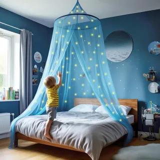 Blauwes Betthimmel für Jungen mit Leuchtsternen | Moskitonetz Jungenzimmer | Baldachin für Kinderzimmer | Himmelbett Vorhänge für Kinder & Kinderbett