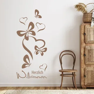 GRAZDesign Wandtattoo Flur Herzlich Willkommen Spruch, Schmetterlinge für Eingang, Wand Deko selbstklebende Klebefolie, Wohnzimmer, 68x30cm, 010 weiss