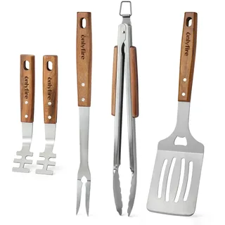onlyfire 5-Teiliges Edelstahl Grillbesteck Set, Enthält Grillzange, Grillwender, Fleischgabel und 2 Grillrostheber, Grillzubehör mit Extra-Langen Holzgriffen & Aufhänge-Ösen, BBQ Geschenkset