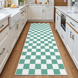 Terrug Grün und Weiß karierter Läuferteppich für Küche, 61x183 cm Läufer waschbar mit rutschfester Unterseite für Schlafzimmer, weicher niedriger Flor fleckenresistent Retro-Teppich für