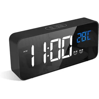 LaTEC Digitaler Wecker mit Große LED Temperaturanzeige, Tischuhr mit 10 Musik, USB Ladeanschluss, 4 Helligkeit und Lautstärke Regelbar, Snooze, tragbarer Spiegelalarm mit 2 Alarmen, 12/24HR