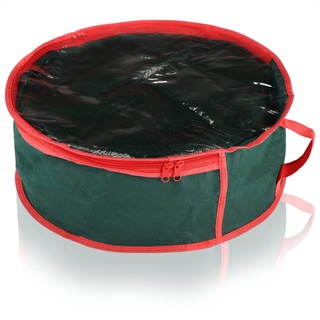 com-four® Kranz-Tasche mit Sichtfenster und Tragegriff - zum Verstauen von Weihnachts-, Oster- oder Deko-Kränzen - Tasche für Dekoration, Mützen und Hüte (dunkelgrün/rot - rund)