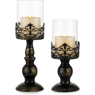 Ahlsen Vintage Distressed Black Hurricane Kerzenständer Kerzenständer 2 Stück, Vielseitiger Metallsockel Mit Glassockel Für Hochzeitsfeier, Dekoration, Kamindekoration, 27 Cm Und 33 Cm