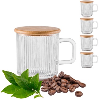 Pash Home Teeglas, Kaffeeglas [4er Set Gläser, 320ml] mit Henkel inkl. Deckel/Untersetzer aus Bambus, Bruchsicher und Spülmaschinenfest, Tasse für Kaffee, Latte Macchiato, Cappuccino, Tee, Glühwein