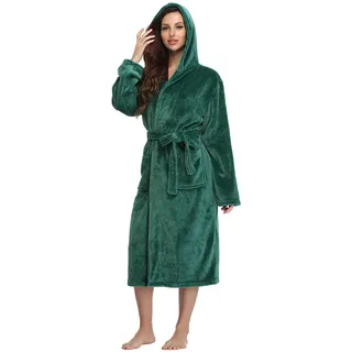 RONGTAI Damen Bademantel aus Plüsch mit Kapuze und Taschen, flauschige Nachtwäsche, Grün (Oil Green), X-Large - XL