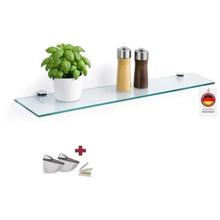 HOOZ Wandregal Glasregal, Wandablage ESG 18cm tief, rechteckig, inkl. Halter 30-100cm, Regal Glas, Platzsparende Wandboard für Dusche, Bad, Küche oder Wohnraum weiß 80 cm