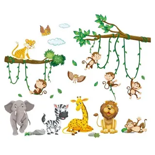 Kaket Wandsticker Wandtattoo Waldtiere Abenteuer, wieder ablösbar (2 St), Wandsticker Kinder Tier Wandsticker