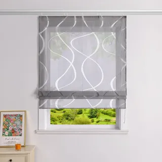Heichkell Raffrollo mit Klettband Ausbrenner Design Transparent Vorhang Rollo ohne Bohren Schiene Raffgardine Modern Grau BreitexHöhe 100x140 cm