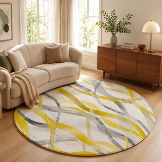 ZISTRCBAO Aquarell-Abstrakt Waschbarer Teppich Rund 120cm | Gelb Runder Teppiche Wohnzimmer Schlafzimmer Tepich Verschlungenes Kurvenmuster Kurzflor Rund Teppiche Für Esszimmer
