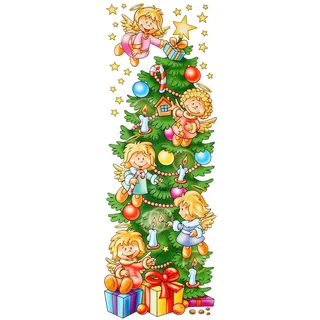alles-meine.de GmbH LANGES Fensterbild/Bordüre - Engel mit Weihnachtsbaum - statisch haftend - Borte - selbstklebend + wiederverwendbar/Weihnachten - Sticker Fensterstick..