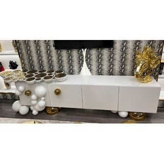 Casa Padrino Luxus Designer TV Schrank Weiß / Gold 250 x 35 x H. 60 cm - Massivholz Sideboard mit 4 Türen - Luxus Möbel - Hotel Möbel - Designer Möbel
