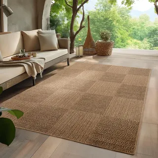 HomebyHome Outdoor Teppich 280x370 cm XXL Wetterfest Pflegeleicht Jute Natur Optik Karo Design für Wohnzimmer Esszimmer Schlafzimmer Terrasse Balkon