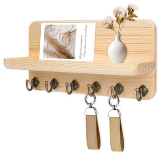 Kldgris Schlüsselbrett mit Ablage, Schlüsselboard Schlüsselbrett Holz mit 6 Schlüsselhaken, für Flur, Schlafzimmer, Küche, Hängen Küchenbesteck Holzfarbe