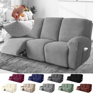 3-sitzer Sessel Überzug, Sesselbezuge Stretch Mit Taschen, All-inclusive Streifen-jacquard Sesselschoner Für Fernsehsessel Relaxsessel Sesselhusse (hellgrau, 8-teilig)