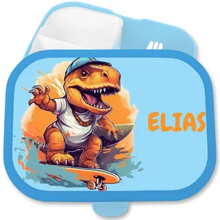 Shirtracer Mepal Brotdose Kinder personalisiert T-Rex Skateboard Name | Blau, 750 ml, Dinosaurier, Dino, Urzeit, Skaten, mit Fächern, Schule, Campus, spülmaschinenfest, Vesperbox, Einschulung