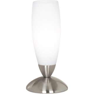 EGLO Tischlampe Slim, Tischleuchte, Nachttischlampe aus Metall und Glas, Wohnzimmerlampe in Nickel-Matt, Weiß, Lampe mit Schalter, E14 Fassung