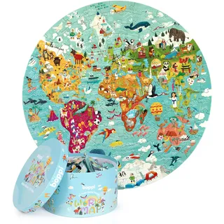 boppi Rundpuzzle – Weltkarte mit Kontinenten und Sehenswürdigkeiten – 150-teiliges Lernpuzzle – Umweltfreundlich | 100% Recyclingkarton – Alter 5+