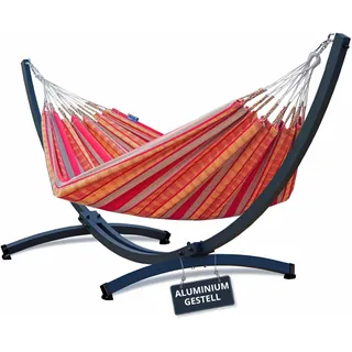 Potenza Outdoor Hängematte mit Aluminium Gestell für 2 Personen I 100% Baumwolle Pereira - Doppelhängematte 230x160 cm, 200kg I Hängemattengestell 200kg, wetterfest (Mandarin, Basic Gestell Graphit)
