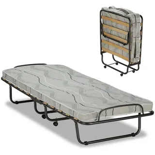 KHG Gästebett klappbares Metallbett stabil auf Rollen für Erwachsene & Kinder (leicht zu tragen und verstauen bis 90kg belastbar, 1-St) Klappbar auf Rollen inkl. Matratze schwarz 90 cm x 200 cm x 40 cm
