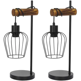 ZMH 2er Tischlampe Wohnzimmer Holz Nachttischlampe Vintage | Tischleuchte im Industrial Design aus Metall Schwarz Bettlampe E27 Fassung inkl. Schalter - ohne Leuchtmittel