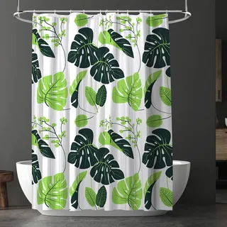URAQT Duschvorhang mit 12 Duschvorhangringen, PEVA 180x180 cm, Monstera,B | Anti-schimmel Wasserdicht Schnelltrocknend Duschvorhänge, Waschbar PEVA Shower Curtains mit Heißgepresste Schnalle