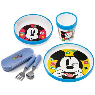 damaloo Mickey Mouse Geschirr rutschfest mit Kinderbesteck - 5-teiliges Mickey Maus Kindergeschirr Set mit Teller, Schüssel, Becher, Gabel, Löffel - Geschirrset Kinder und Besteck für Baby BPA frei