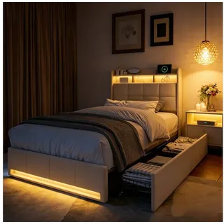 Furnishings Home Polsterbett 90x200 cm, LED Stauraumbett Jugendbett (1-tlg., Leinenmaterial, Komforthöhe, Leises Design Bett), Mit Ladefunktion und 2 Schubladen LED-Beleuchtung Einzelbett beige