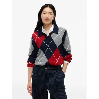 Polokragenpullover TOMMY HILFIGER "ARGYLE PREP NEW POLO LS", Damen, Gr. L (42/44), dunkelblau argyle, Strick, Obermaterial: 45% Nylon, 30% Baumwolle, 25% Wolle, gemustert, normal, Rundhals, Pullover, Materialmix mit Woll-Anteil, Argyle Strickmuster