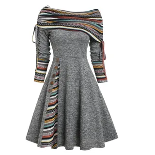 MENGQING Convertible Cinched Gestreiftes ausgestelltes Kleid Foldover Off The Shoulder Strickkleider Damen Langarm - Dunkelgrau0501,XXL