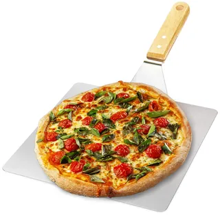 com-four® Pizzaschaufel aus rostfreiem Edelstahl - Pizza- und Kuchenheber mit Holzgriff - Pizzaschieber für Pizza, Flammkuchen, Brötchen und Brot