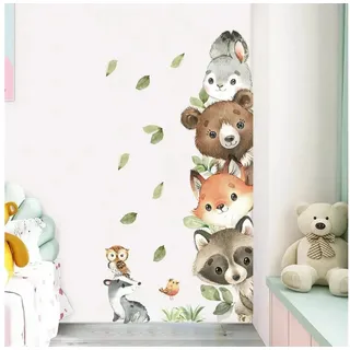 Montegoni Wandsticker Kinder Tier Wandaufkleber Dekoration (gestapelten sitzenden kleinen Bär,Fuchs,Blätter,Wandaufkleber, Wandtattoo mit Waldtieren für Kinderzimmer), wasserdichte,abnehmbare