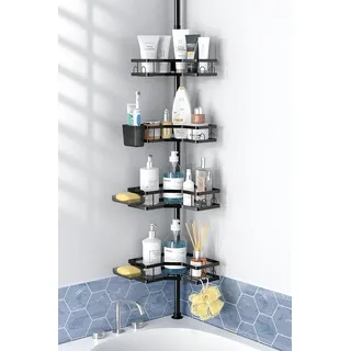 FINIBO Teleskop Duschregal Ohne Bohren, Teleskopregal Bad Duschablage mit 4 Dusche Eckregal, 43.5-120 inch Adjustable Teleskop Badregal Teleskope Regal Badezimmer für Bad Dusche Schwarz