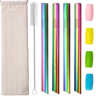 Bubble Tea Strohhalme, Edelstahl Wiederverwendbar Strohhalme, Metall Strohhalm Spitzes, 12mm Breit Dicke Trinkhalme für Smoothie Säfte Milchshake Boba Perlen, Reinigungsbürsten Bunt 4 Stück