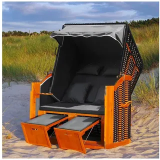 Swing&Harmonie Strandkorb XXL inkl. Abdeckcover Luxus mit 4 Kissen, Klapptische, Zeitungsfächer, Volllieger, Ostsee-Modell, mit LED Beleuchtung und Solarmodul schwarz