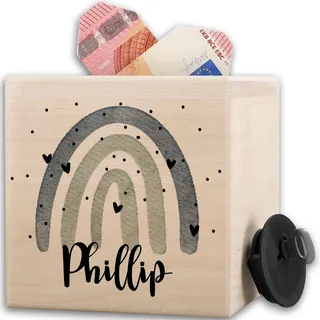 Holz - Spardose Kinder | Regenbogen Sparbüchse | Personalisierte Spardose Junge mit Namen - 10x10cm - Holz - mädchen kinderspardose Name blau sparschwein für kinderspardosen spardosen