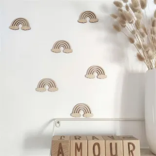Ueiwffzo 6 Stück Wandsticker Kinderzimmer Holz Deko, Selbstklebende Beige Regenbogen Wolken Wanddeko, Boho Deko Wandaufkleber für Kinderzimmer Mädchenzimmer Babyzimmer (Regenbogen)