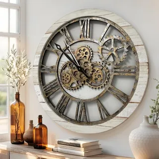 ImprovingLife Die Zahnräder Uhr Die Originale Echte Bewegliche Zahnrad-Wanduhr Vintage Industriell Übergroß Rustik Landhaus (60 cm (24 Zoll), Vintage Wüstenbeige und Bronze)