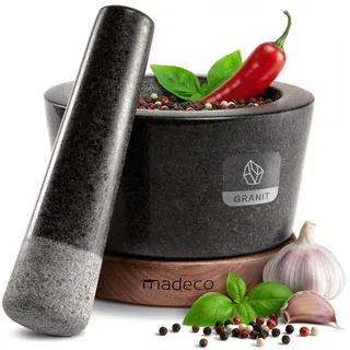 madeco Mörser mit Stößel Granit auf edlem Nussbaum-Holzsockel, 14,5 cm | Design Gewürzmörser Set, ideal zum Mahlen & Zerkleinern von Gewürzen, frischen Kräutern, Nüssen & Pesto