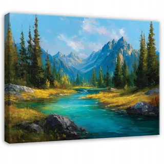 Leinwandbild Berge, Wald Und Fluss, Natur Landschaft Für Schlafzimmer Und Wohnzimmer, Hochauflösender Druck, 120 X 80 Cm