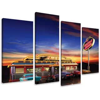 Visario Leinwandbild USA Retro Diner 130x80 cm 6148 Amerikanisches Restaurant Vintage Wandbild Fertig auf Holzrahmen Gespannt Wohnzimmer Küche Bar Dekoration Modernes Kunstdruck Bild Wanddeko Geschenk