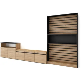 Skraut Home | Wohnwand Wohnzimmer | Wohnzimmermöbel, Möbelset | 360x186x35cm | Für TV-Geräte bis zu 65" | Wohnzimmer Möbel | Moderner Stil | Eiche Schwarz