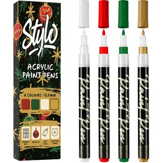 Stylo Acrylstifte Weiß Rot Gold Grün, 4 Metallic Stifte Weihnachten | 0,7 mm Spitze, deckend und wasserfest. Für Christbaumkugeln, Weihnachtskugeln, Geschenkanhänger, Karten und schwarzes Papier