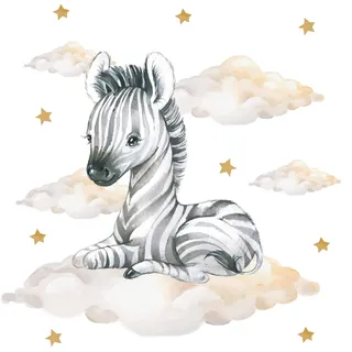 Pandawal Kinderzimmer Deko Wandtattoo Zebra mit Wolken Sterne Junge Mädchen Wandsticker Baby Safari Tiere Wandaufkleber (L, Zebra)