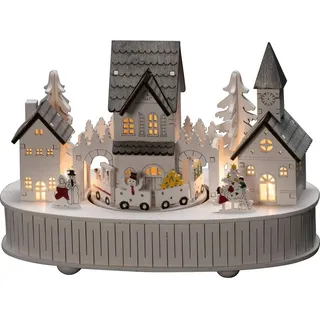 Konstsmide Holzsilhouette Haus und Kirche 5 warm weiße Dioden mit Spieluhr und 6h Timer