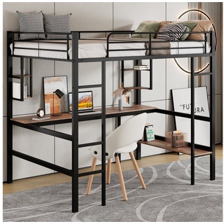 Flieks Hochbett Kinderbett Metallbett Etagenbett mit Schreibtisch und Regalen 90x200cm schwarz