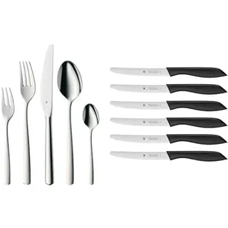 WMF Boston Besteck Set 12 Personen, Essbesteck 60 teilig, Monobloc-Messer, Cromargan Edelstahl poliert & Classic Line Frühstücksmesser Set 6-teilig, 23 cm, Brötchenmesser Wellenschliff, schwarz