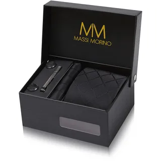 MASSI MORINO Krawatte mit Einstecktuch Set Herren inkl. Manschettenknöpfe, Krawattennadel und Geschenkbox - Männer Krawattenset zur Hochzeit - Einheitsgröße